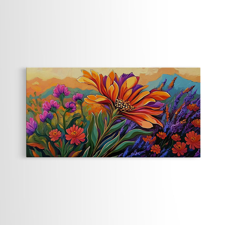 Flower Sunrise, Field, Vibrant, Canvas Print boho floral bedroom wall art, wildflower sunrise nature decor, garden field artwork