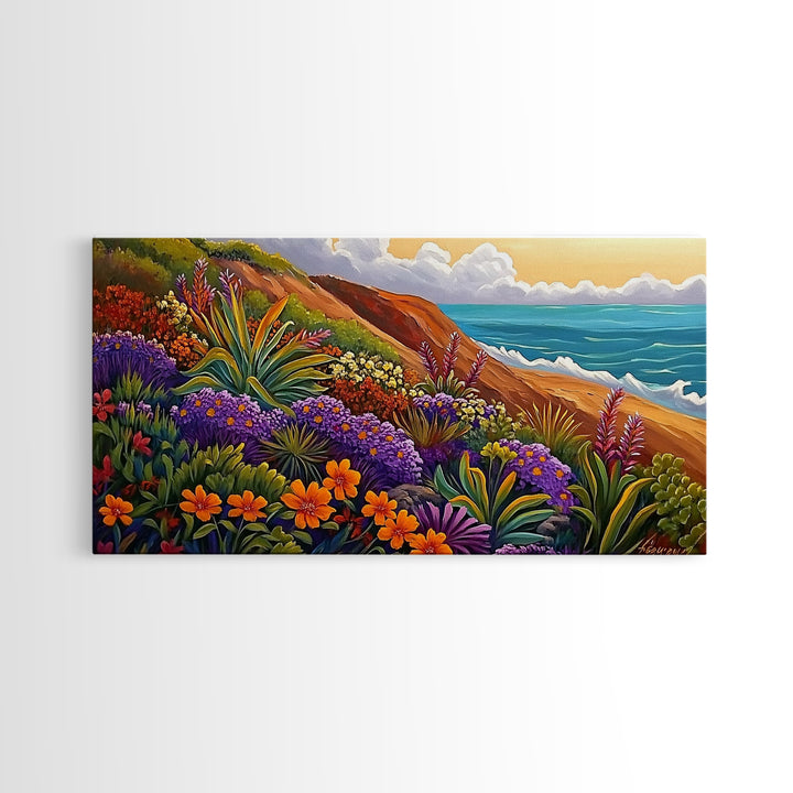 Coastal Floral, Landscape Painting, Canvas Print, vibrant beach flowers, ocean view wall decor, boho style Living Room Wall Art