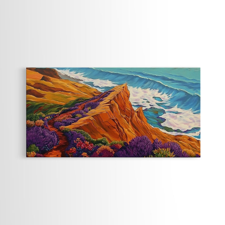 Cliff Flowers, Ocean Horizon, Framed Canvas Print, bold floral bluff, coastline scene, vibrant scenic Kitchen Wall Art, boho decor