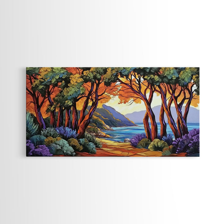 Trees Autumn, Ocean Trail, Canvas Print, Fall landscape, trees leading to ocean view, colorful palette, Living Room Wall Art