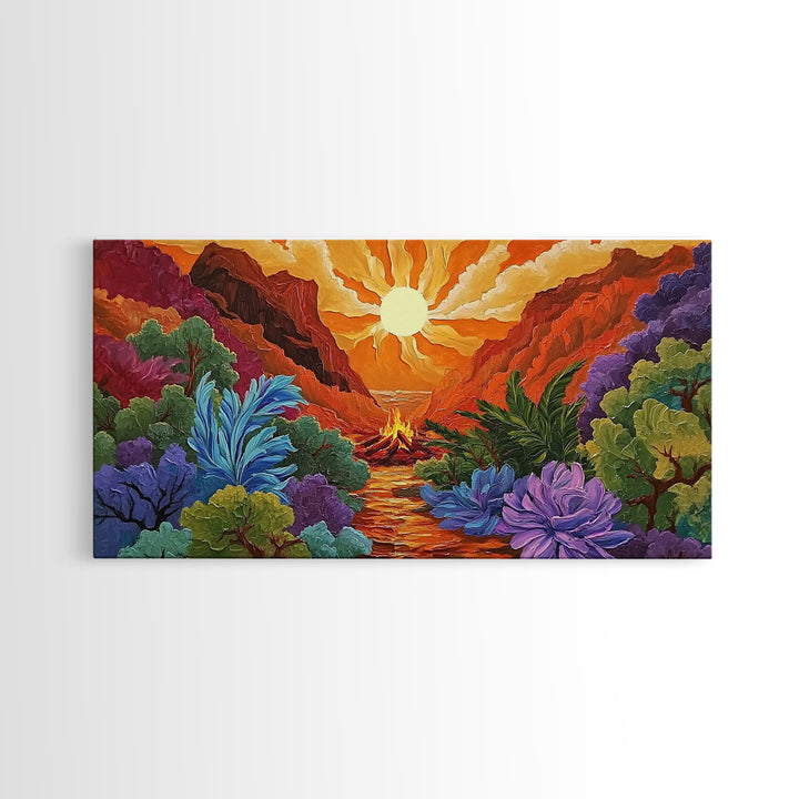 Campfire Valley, Sunset, Vivid Sky, bright forest Canvas Print, fall nature decor, bold boho fire painting, cozy cabin wall art