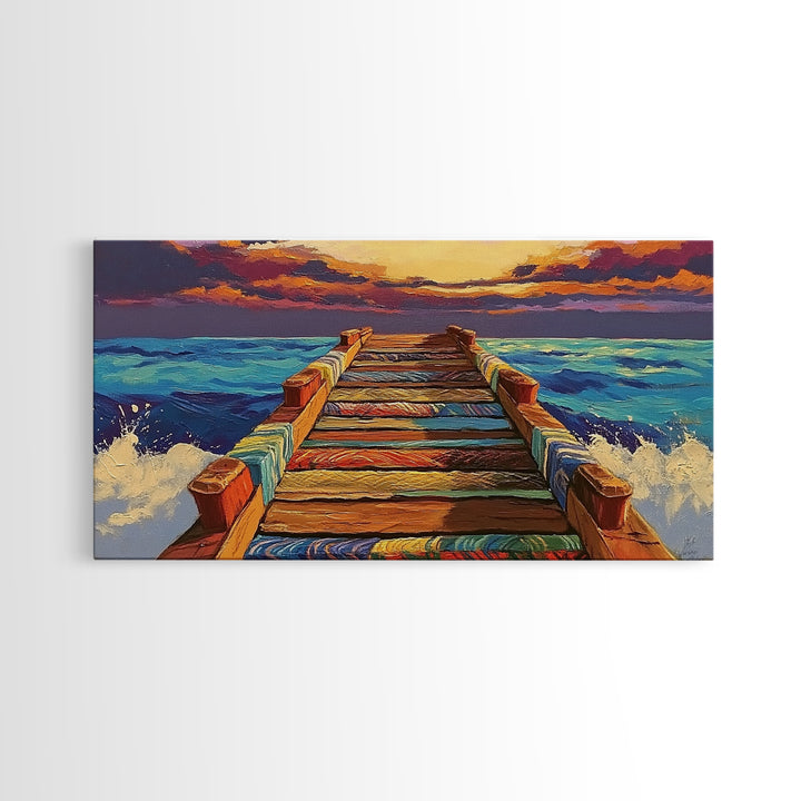 Ocean Pier, Sunset Seascape, Beach House Art, Rustic Dock, Nautical Wall Art, Colorful Painting, Coastal Landscape, Canvas Print