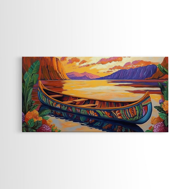 Canoe Tropical, Sunset Reflections, Serene Waters, exotic island Framed Canvas Print, tranquil boho decor, lakehouse wall art