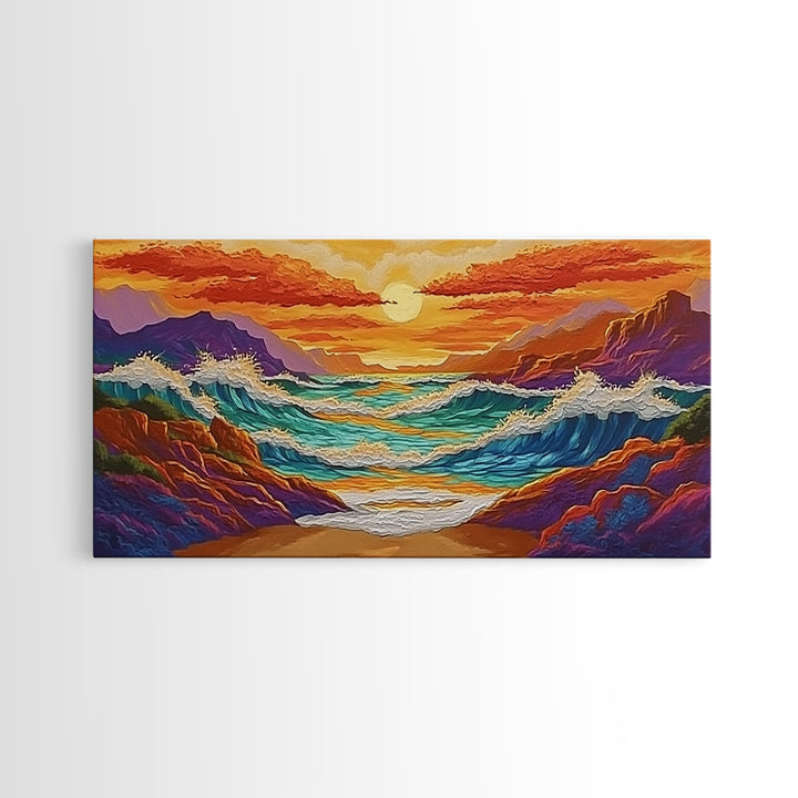 Coastal Sunset, Crashing, Waves, Canvas Print bold seascape painting Living Room Wall Art tropical ocean wall decor beach house style