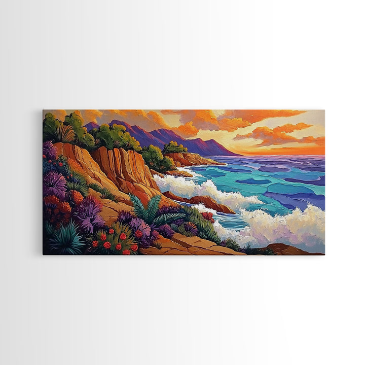 Ocean Cliffside, Sunset, View, Framed Canvas Print vibrant coastal nature artwork Living Room Wall Art beach house boho wall decor