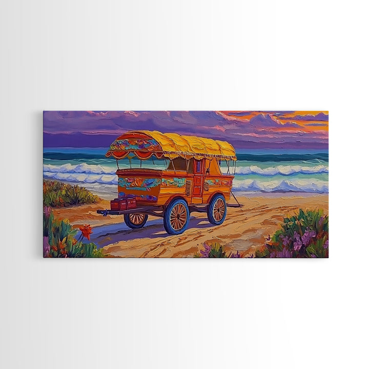Beach Wagon, Sunset, Nostalgia, Canvas Print vintage coastal travel art Living Room Wall Art boho beach scene summer home vibe