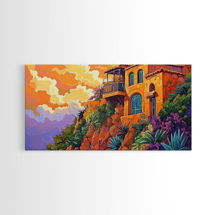 Cliffside House, Sunset, View, Desert boho mountain house, colorful Canvas Print, living room wall art, dramatic sky landscape painting