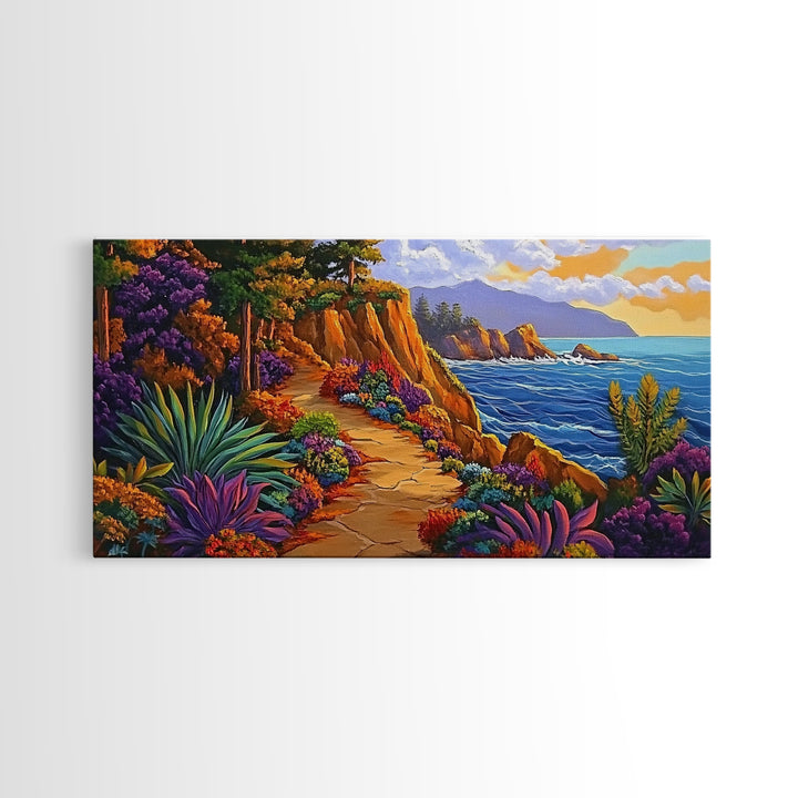 Pathway Ocean, Flowers, Escape, Coastal trail wall art, vibrant Canvas Print, bedroom nature painting, colorful California coast style