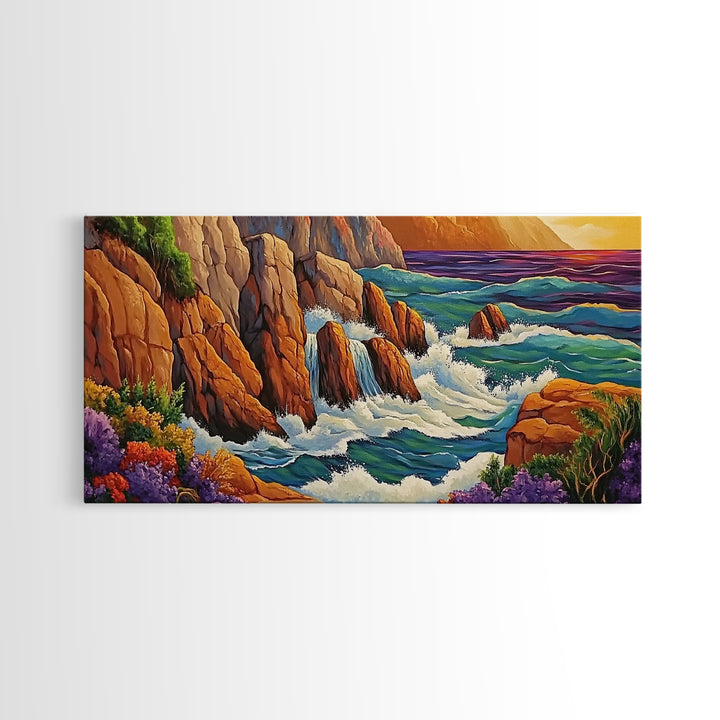 Rocks Waves, Sea, Energy, Dramatic cliff seascape Canvas Print, living room wall art, bold ocean decor, coastal energy painting