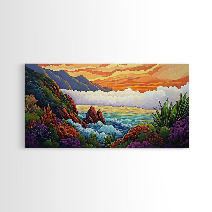 Ocean Sunset, Hills, Tropical, Serene beach Canvas Print, tropical landscape wall art, calming sunset painting, living room boho decor