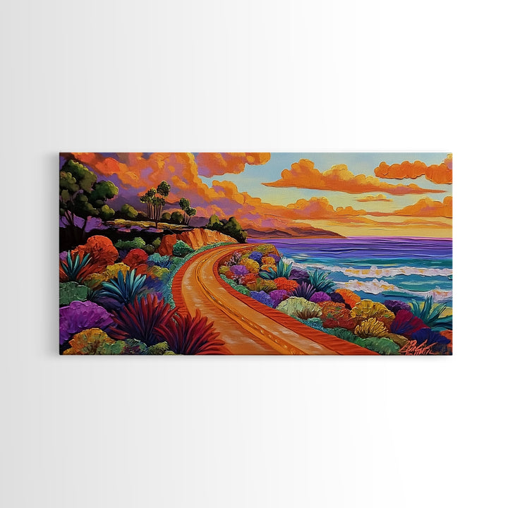 Coastal Train, Sunset, Framed Canvas Print, Vibrant coastal sunset railway painting, Colorful beachscape boho art, Hallway Wall Art