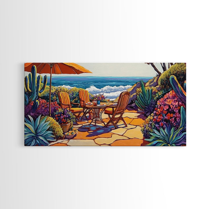 Patio, Ocean, Dining, Framed Canvas Print, Colorful seaside patio with umbrella and table scene, Summer vibes, Dining Room Wall Art