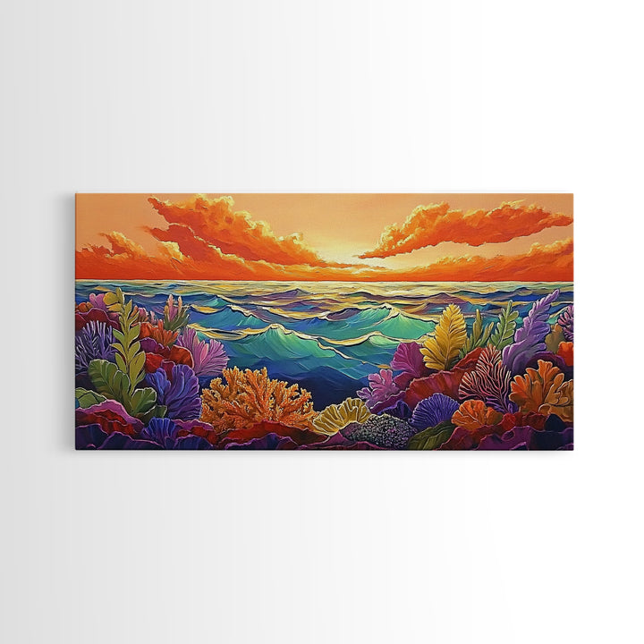 Coral Ocean, Sunset, Framed Canvas Print, Underwater coral reef at sunset painting, Ocean lover gift idea, Coastal Spa Wall Art