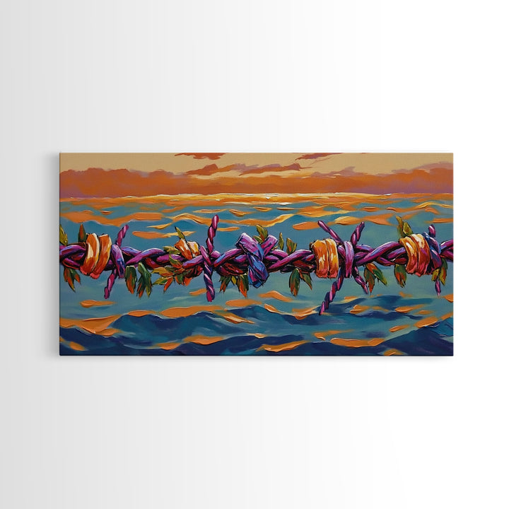 Barbed Sunset, Ocean, Framed Canvas Print, Symbolic Ocean Barbed Wire Art, Modern Sunset Expressionist Decor, Unique Office Wall Art