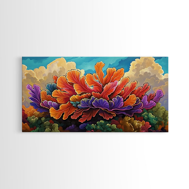 Coral Bloom, Ocean, Framed Canvas Print, Abstract blooming coral reef under dreamy sky painting, Modern Coastal Decor, Bedroom Wall Art