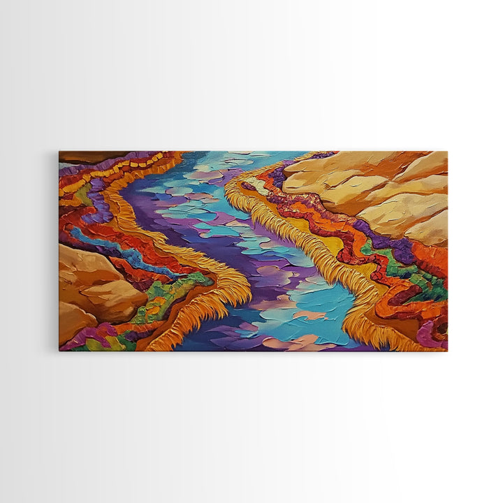 River Abstract, Color, Framed Canvas Print, Textured abstract river canyon painting, Desert Vibe Landscape Art, Hallway Wall Art