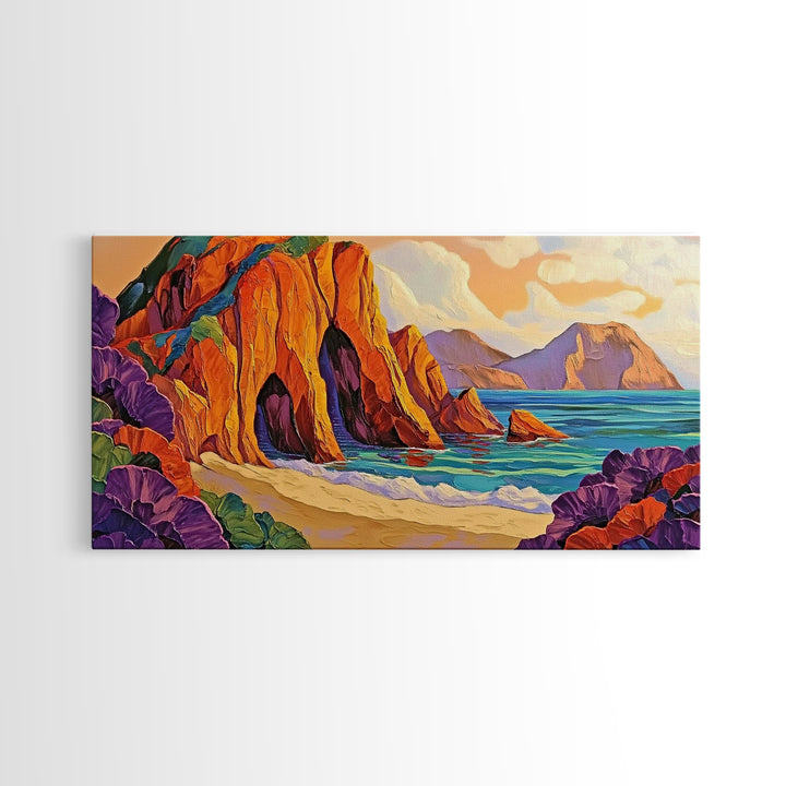 Cliffs Beach, Ocean, Framed Canvas Print, Bold textured coastal cliffs and ocean view painting, Vibrant Summer Decor, Kitchen Wall Art