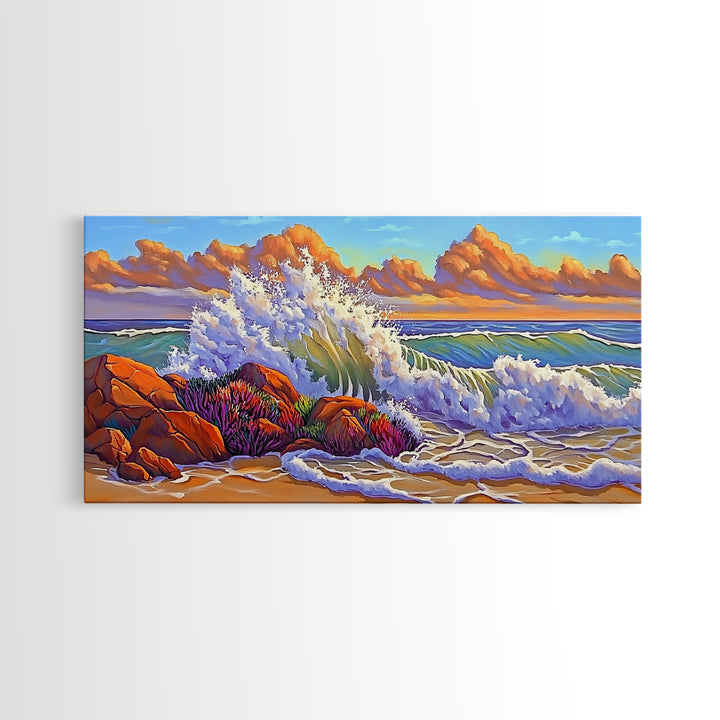 Rocks Waves, Sky, Framed Canvas Print, Majestic ocean wave crashing on rocks under golden clouds, Tropical Seascape, Coastal Living Room