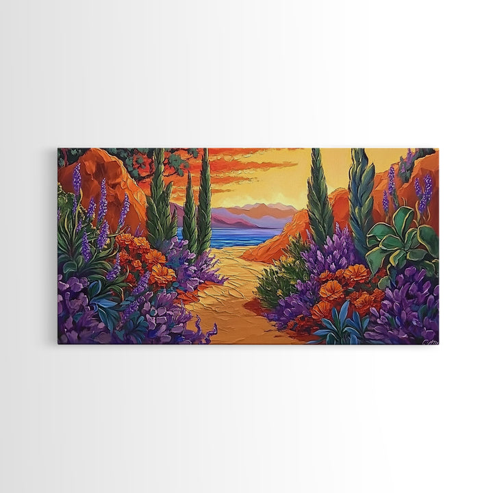 Pathway Sunset, Garden, Ocean, Canvas Print, vivid coastal floral scene, entryway decor, sunset wall art, summer vibes painting