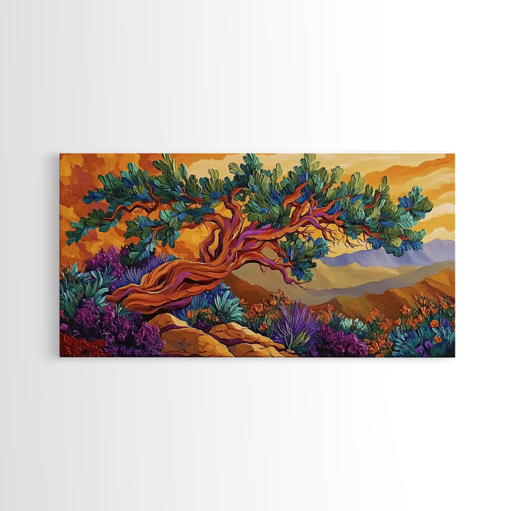 Tree Mountains, Sunset, Windswept, Canvas Print, expressive twisted pine painting, rustic boho decor, nature art, fall wall piece