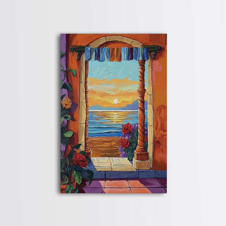 Doorway Sunset, Ocean, Romance, Canvas Print, Mediterranean seascape art, boho romantic wall decor, warm tones, Bedroom or Dining Room