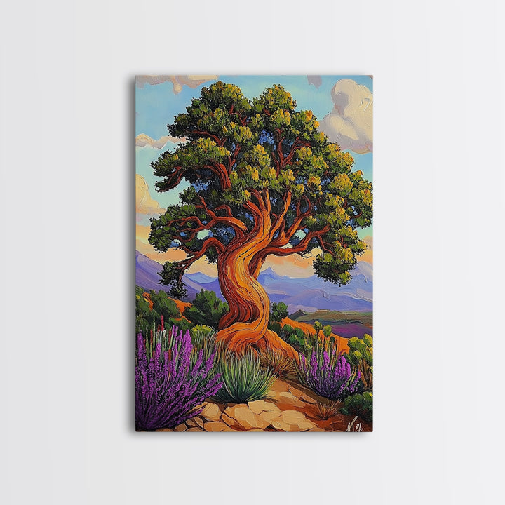 Tree Landscape, Nature, Autumn, Framed Canvas Print twisted pine tree painting, desert sunset landscape, nature wall decor, rustic boho art