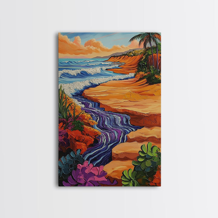 Beach Cliff, Waterfall, Sunset, Canvas Print bold beachside cliff art, ocean waterfall wall decor, coastal boho painting, living room print