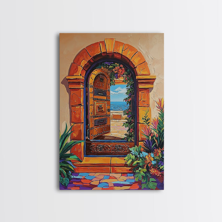 Doorway Ocean, View, Escape, Framed Canvas Print, Mediterranean coastal decor, boho travel wall art, vibrant entryway art, hallway decor