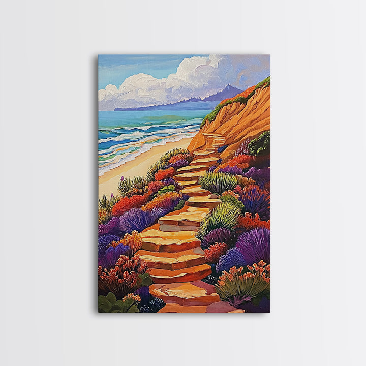 Ocean Trail, Bloom, Cliffside, Framed Canvas Print, Vibrant beach path painting, floral coastal art, boho landscape wall décor