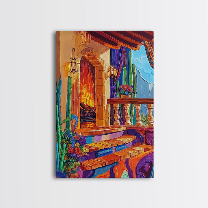 Cozy Hacienda, Fireplace, Terrace, Canvas Print, Southwestern Wall Art, Warm Interior Scene, Kitchen or Dining Room Boho Decor