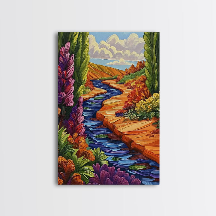 River Canyon, Fall, Flowers, Framed Canvas Print, Autumn Nature Artwork, Cozy Cabin Decor, Warm Earth Tones, Living Room Wall Art