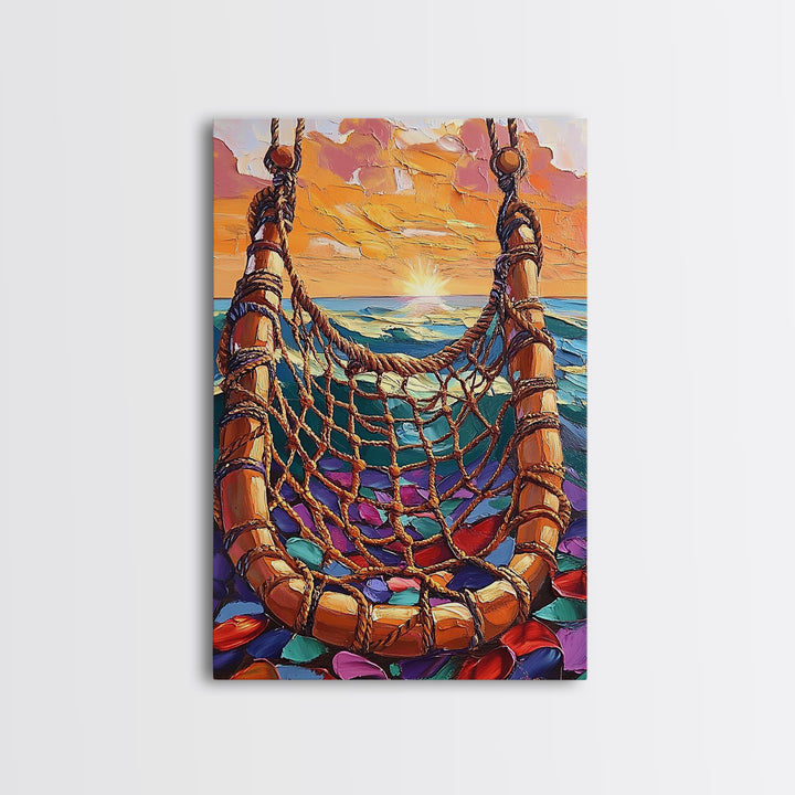 Ocean Hammock, Sunset, Boho, Framed Canvas Print dreamy hammock wall art, ocean sunset boho painting, coastal beach decor, patio art
