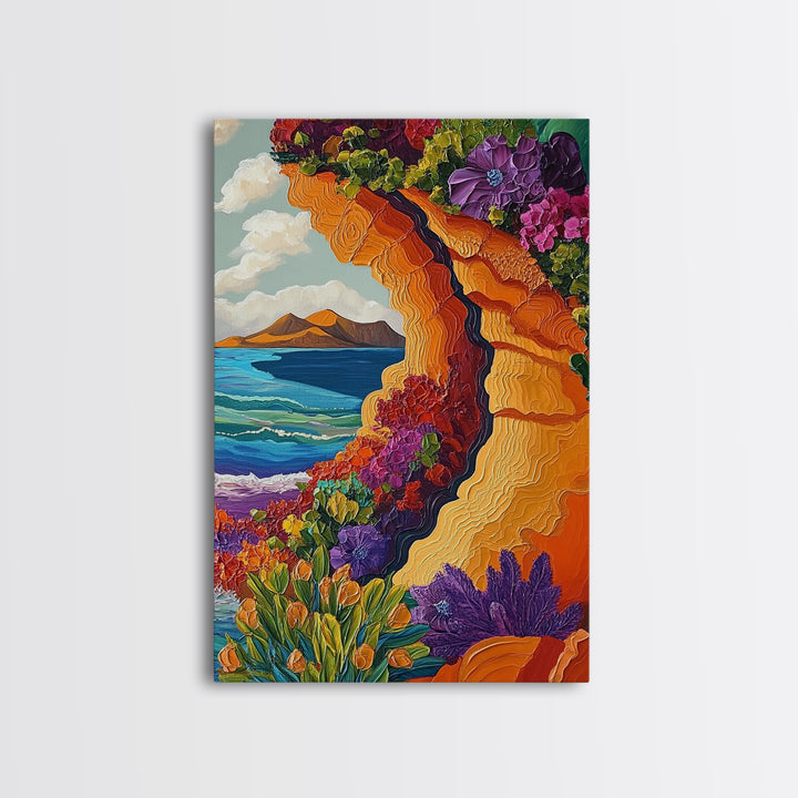 Cliffside Flowers, Ocean, Landscape, Framed Canvas Print floral coastal wall art, textured seaside painting, beach house decor, boho art style