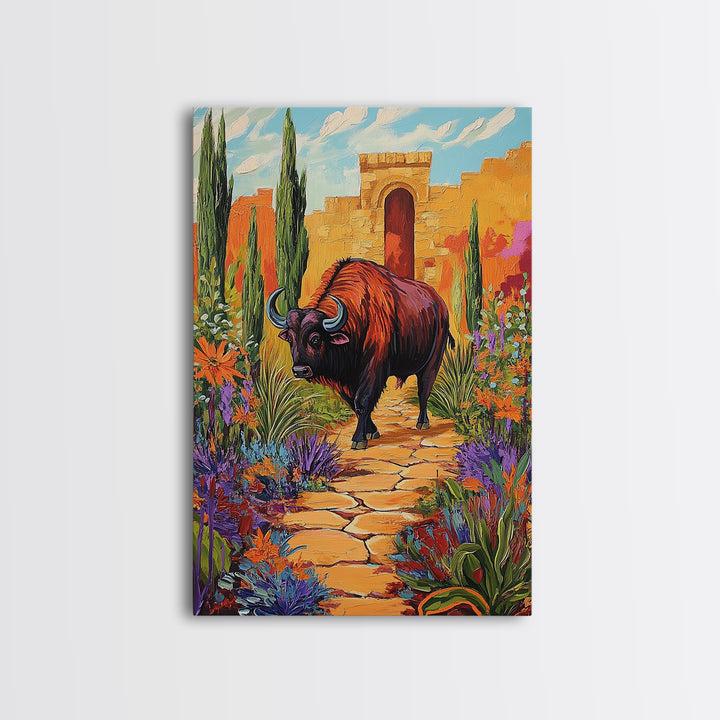Bison Path, Desert, Framed Canvas Print, Southwest Bull Wall Art, Rustic Western Decor, Vibrant Nature Boho Style, Entryway Wall Art