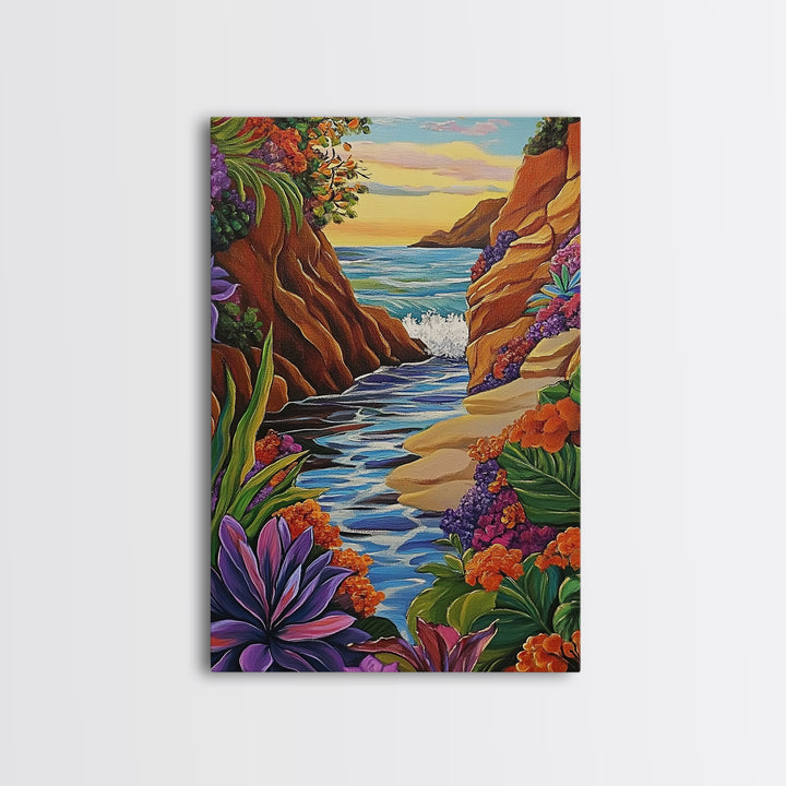 Cliff Ocean, Sunset, Framed Canvas Print, Bold Coastal Canyon Wall Art, Vibrant Nature Decor, Boho Landscape Style, Bedroom Wall Art