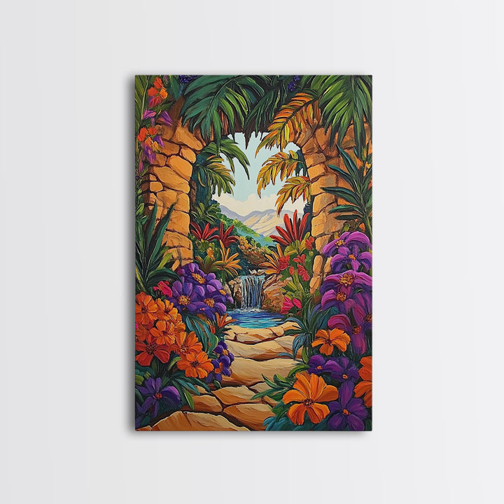 Archway Jungle, Waterfall, Framed Canvas Print, Exotic Tropical Wall Art, Bold Jungle Landscape Decor, Entryway art, Bathroom Wall Art