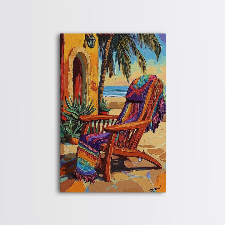 Chair Blanket, Breeze, Shore, Canvas Print, beach chair art, coastal boho decor, sunny retreat wall art, tropical relaxation, porch vibes