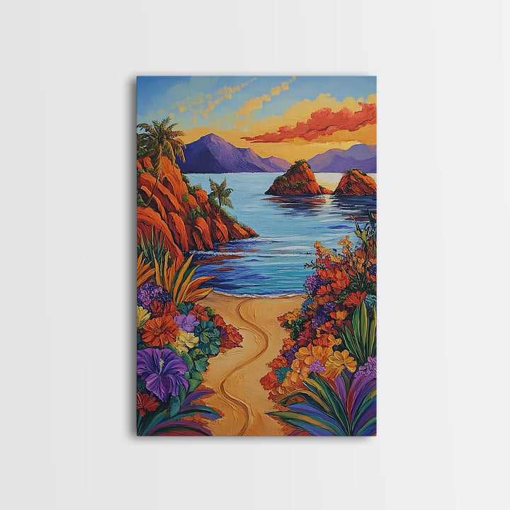 Beach, Sunset, Tropical, Floral Framed Canvas Print, Coastal Living Room Wall Art, Island Paradise Decor, Vibrant Summer Artwork