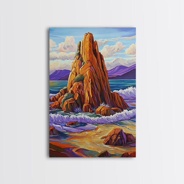 Ocean Cliff, Coastal, Bold Framed Canvas Print, Nature Inspired Bathroom Wall Art, Seaside Landscape Decor, Vibrant Rocky Shoreline