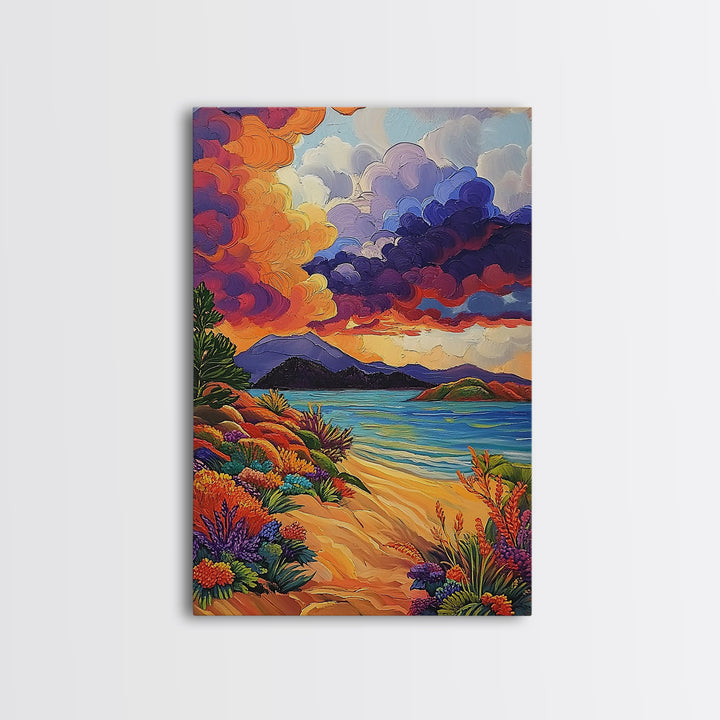 Clouds Sunset, Beach, Scenic Canvas Print, Colorful Coastal Wall Art, Vibrant Nature Landscape, Fall Living Room Art Piece