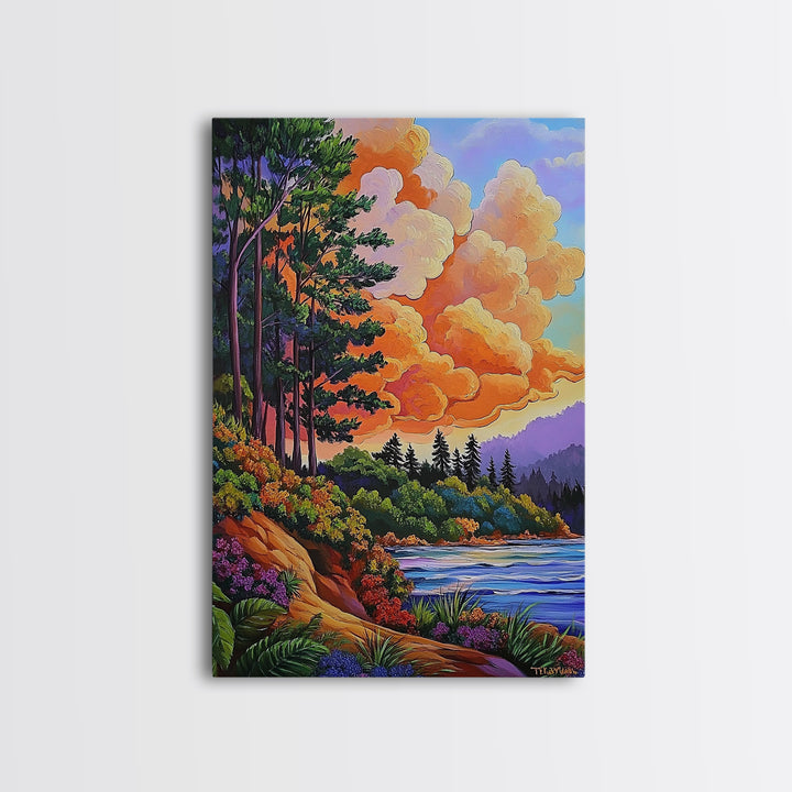 Pine Forest, Sunset, River, Framed Canvas Print, vibrant mountain art, autumn wall decor, cozy cabin wall art, rustic lodge artwork