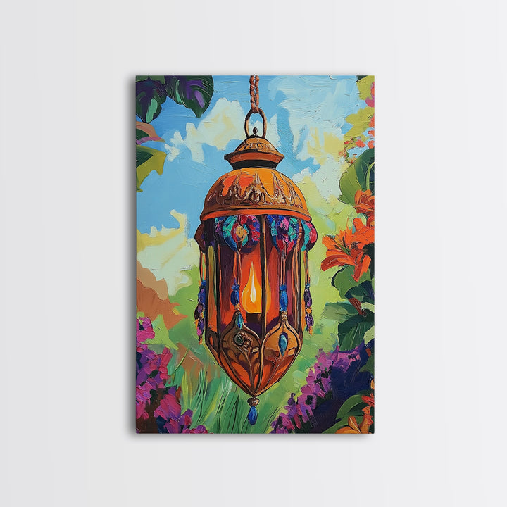 Boho Lantern, Glow, Garden, Framed Canvas Print, Moroccan Lantern Art, Boho Wall Decor, Eclectic Lighting Artwork, Patio Living Room Art