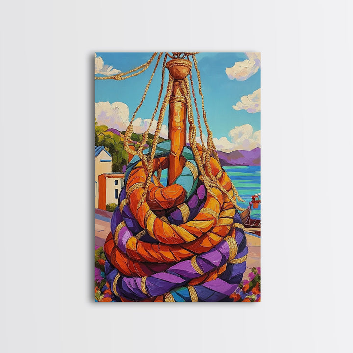 Nautical Rope, Dock, Summer, Framed Canvas Print, Nautical Rope Wall Art, Summer Decor, Bright Harbor Painting, Beach House Wall Accent