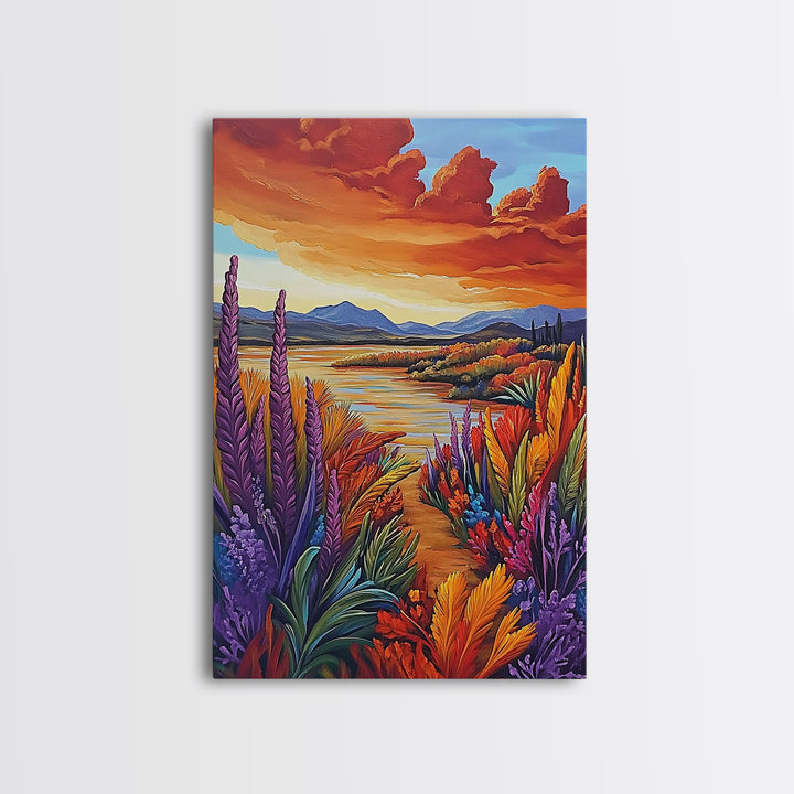 Autumn Lake, Trail, Fall Landscape Painting, Warm Sunset Wall Decor, Living Room Boho Vibes, Framed Canvas Print