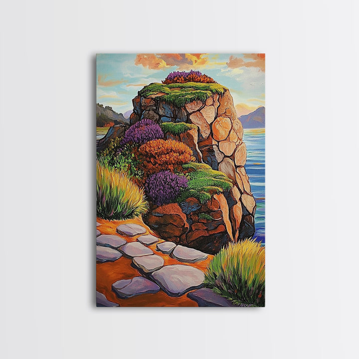 Rocky Cliff, Ocean, Wildflowers Canvas Print, Vibrant Coastal Wall Art, Hallway Nature Scene, Colorful Landscape Painting