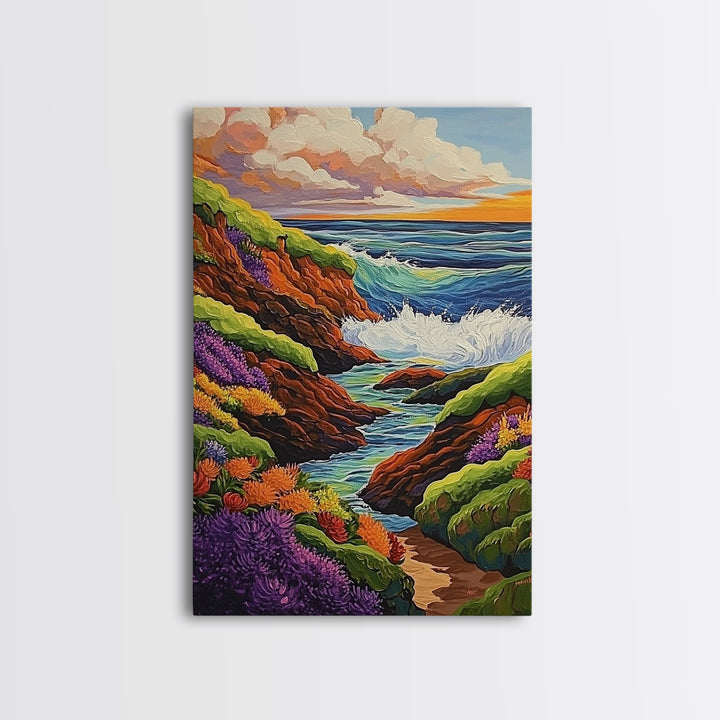 Ocean Cliffs, Wildflowers, Vibrant Coast Framed Canvas Print, Spring Beach Wall Art, Boho Living Room Decor, Bold Coastal Art