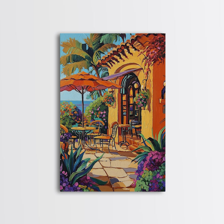 Bistro Patio, Sun, Canvas Print, Mediterranean cafe painting, kitchen wall art, outdoor charm artwork, sunny terrace decor, cozy nook print