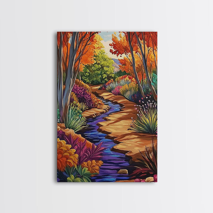 Autumn Forest, Stream, Pathway, Framed Canvas Print, Fall Nature Wall Art, Cozy Cabin Decor, Boho Living Room Landscape Artwork