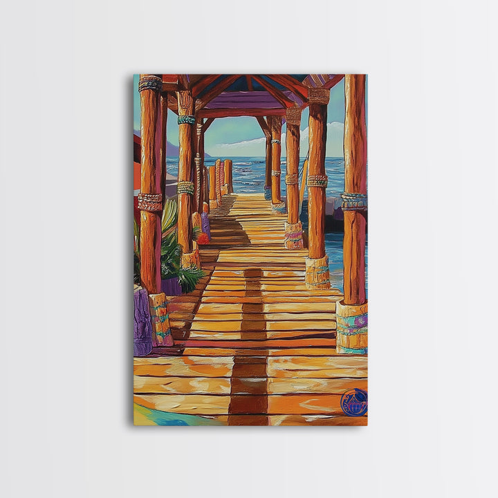 Dock Ocean, Pier, Sunset, Framed Canvas Print, Nautical Coastal Wall Art, Beach House Entryway Decor, Rustic Seaside Living Room