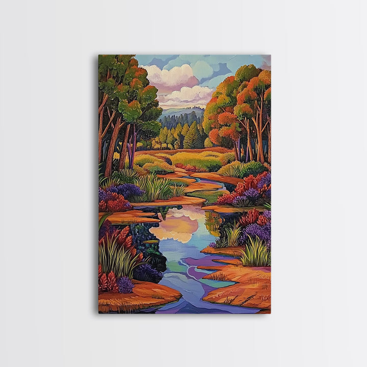 Autumn Trees, Reflection, Canvas Print, Fall forest scene, living room art, nature inspired decor, woodland painting, cozy autumn vibes